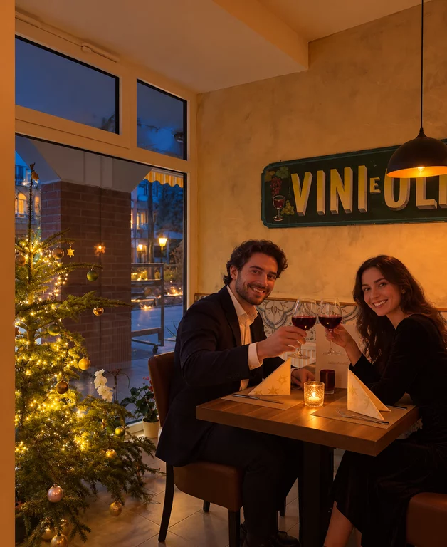 Paar stößt beim Candle-Light-Dinner in der Osteria Antico Il Mattone mit Rotwein an